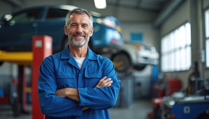 Smiling Caucasian male auto mechanic in blue uniform stands with arms crossed in auto repair shop. Pro technician provides vehicle maintenance and car repair service.