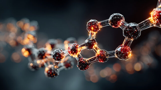 Abstract visualization of polymerization chemical reaction showing long chain molecules forming monomers scientific illustration highlighting chemistry concepts