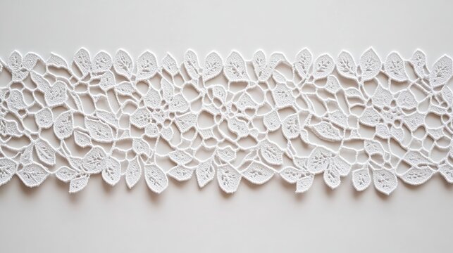 Delicate white lace featuring intricate floral and leaf patterns, perfect for embellishing garments, home decor, or craft projects, Ideal for weddings or vintage-themed designs,