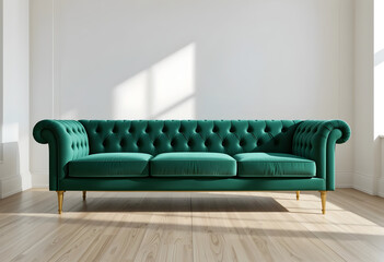 Emerald Green Chesterfield Sofa in Minimalist Room  
Tufted Velvet Upholstery with Gold Legs and White Wall  
