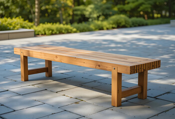 Minimalist Wooden Bench in Outdoor Garden Setting  
Modern Slatted Design on Paved Surface with Greenery  
