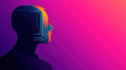 Abstract silhouette with circuit patterns against a vibrant gradient background, symbolizing AI and technology, Ideal for articles or presentations related to innovation, AI