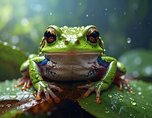 Close-up of a vibrant green frog in a lush, rainy forest