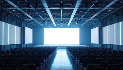 Empty conference hall with stage, large presentation screen. Rows of seats face brightly lit central display, flanked by side screens. Modern auditorium interior designed for corporate events,
