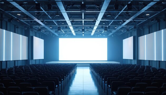 Empty conference hall with stage, large presentation screen. Rows of seats face brightly lit central display, flanked by side screens. Modern auditorium interior designed for corporate events, - Powered by Adobe