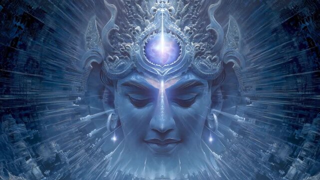 Mystical cosmic deity face materializing from radiant blue energy waves, third‑eye glowing with wisdom