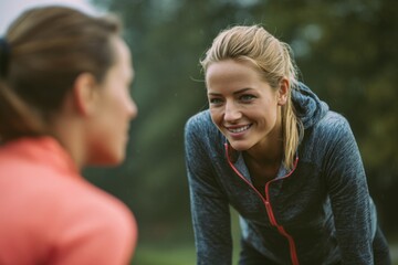 Fototapeta premium Two women share a positive interaction while participating in outdoor fitness activities in a park. They are dressed in activewear and appear to enjoy each others company and workout session