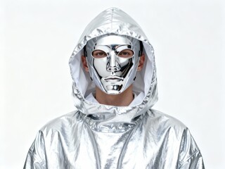 Futuristic anonymous figure in a silver costume