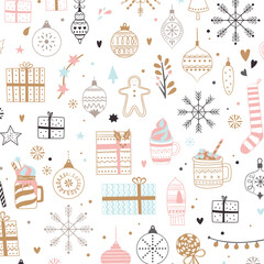 Whimsical hand-drawn christmas ornaments and gifts seamless pattern festive design isolated on white background