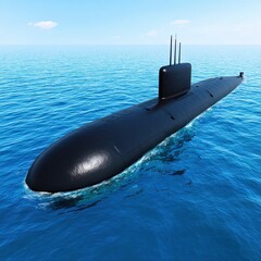 A sleek submarine navigates through clear blue waters under a bright sky, symbolizing military power and technology, Ideal for articles, presentations, or websites related to defense, technology