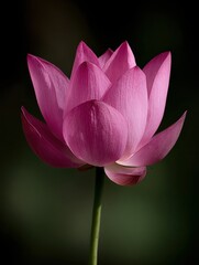 A beautiful pink lotus flower stands elegantly against a dark background, symbolizing purity and serenity, perfect for wellness, nature, or mindfulness projects,