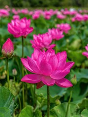Fototapeta premium A vibrant pink lotus flower stands out amidst a lush green backdrop of lily pads and buds, capturing the essence of natural beauty, Ideal for nature-themed projects, wellness materials