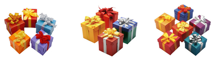 Fototapeta premium A collection of colorful gift boxes with ribbons and bows, isolated on transparent background