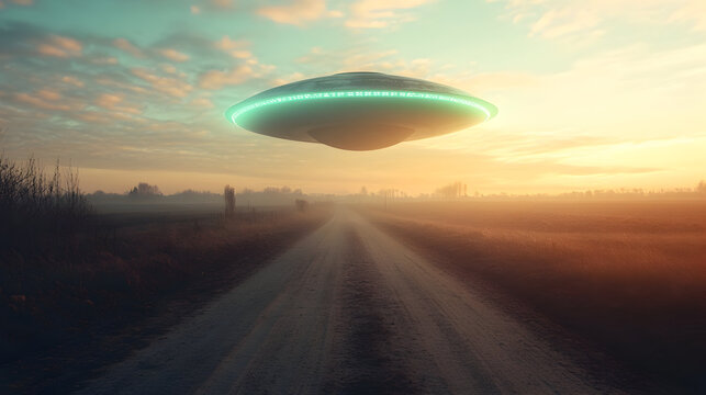 Futuristic ufo hovering over dusty rural road at sunset