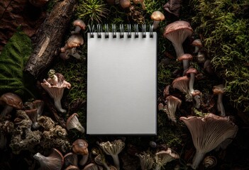 blank notebook surrounded by mushrooms