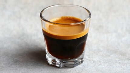 A close-up of a glass filled with rich espresso showcasing its dark layers and creamy foam, ideal for coffee-themed articles, menus, advertisements