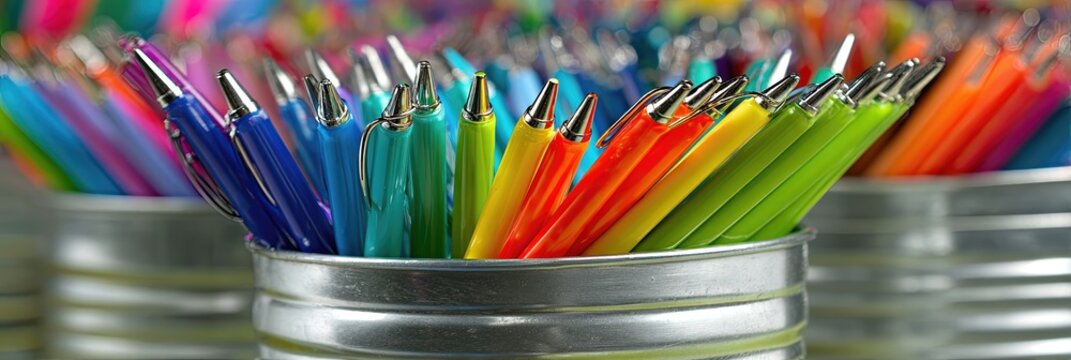 School Supplies Haul Showcasing Vibrant Pens in Colorful Containers During Back to School Season