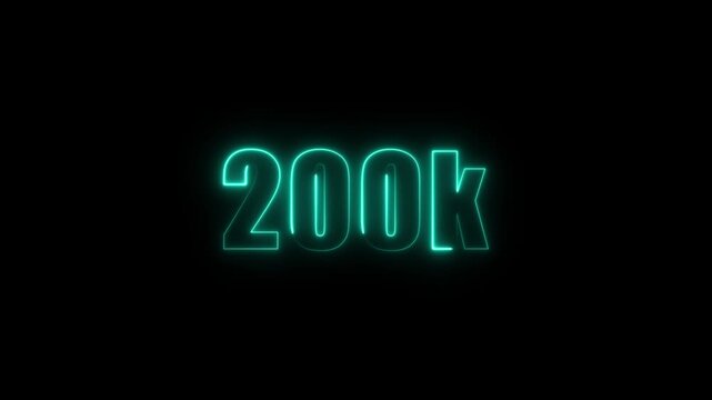 Glowing neon 200k  badge animation,  percentage text and black background, 4k video