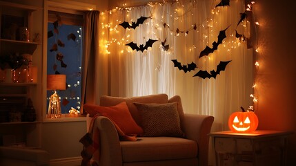 Festive living room decorated with jack-o’-lantern, string lights and paper bats on curtains. Warm and spooky Halloween ambiance with cozy details