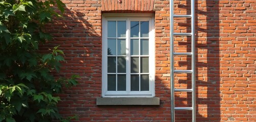 Red brick wall with white window frame, metal ladder. Sunlight casts shadows on textured facade. Provides access for repair, maintenance, cleaning. Outdoor urban scene, part of residential building