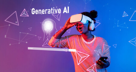 A young woman joyfully explores the realm of generative AI through a virtual reality headset, combining technology and creativity in an engaging digital landscape. XDMCP