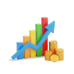 Financial growth upward trend bar chart with stacked coins and arrow symbolizing success transparent background