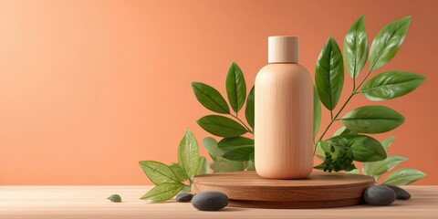 Round Wooden Cosmetic Display with Green Leaves on Peach Background