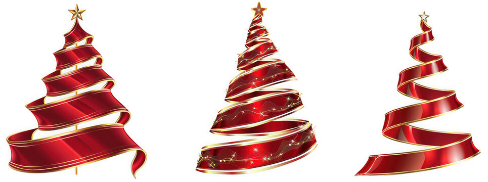 Three festive christmas trees made of red ribbon with gold stars on top, isolated on transparent background