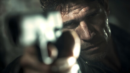 Intense male figure with a firearm, showcasing a determined expression, in a dimly lit environment, emphasizing tension and suspense in a dramatic narrative scene