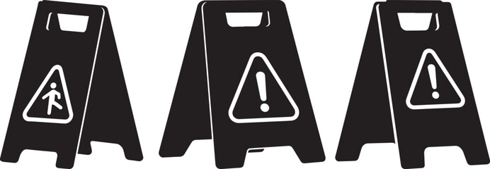 Three black wet floor caution signs silhouette