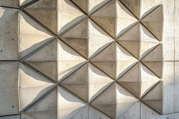 Geometric concrete wall with a repeating pattern of triangular shapes, creating a textured surface with shadows.