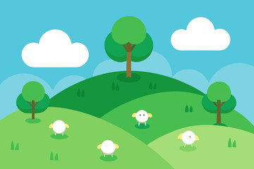Fototapeta premium A cartoon illustration of a grassy hillside with sheep vector illustration