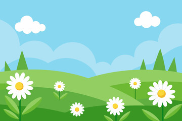 A lovely cartoon landscape of a grassy meadow with daisies vector illustration