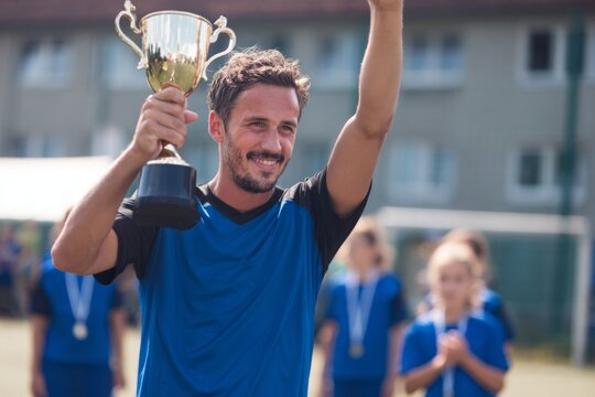 A joyful soccer player raises a trophy in celebration of victory on the field. Behind him, teammates wear blue uniforms and medals after competing in a championship match - Powered by Adobe