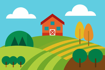 A simple cartoon of a hillside farm with crops vector illustration
