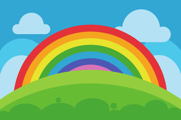 A vibrant cartoon scene of a grassy hill under a rainbow vector illustration