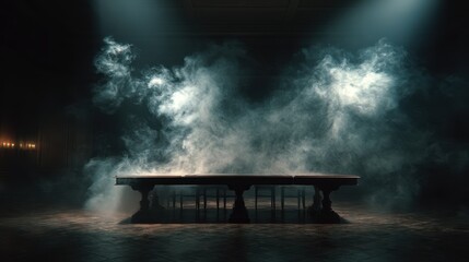 Dramatic Dark Stage with Smoke and Spotlights, Mysterious Atmosphere, Empty Platform.