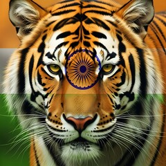 Naklejka premium Majestic tiger portrait with Indian flag overlay, striking national animal imagery