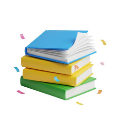 Stack of colorful books opening with confetti celebration concept for education and knowledge transparent background