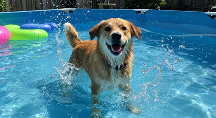 Golden Dog playing in the pool, enjoying swimming