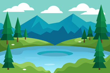 A serene cartoon scene of a lake surrounded by a forest vector illustration