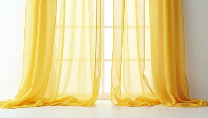 Sheer yellow curtains made of soft, smooth silk satin fabric flow gently. Light, airy material drapes elegantly, creating luxurious decoration. Isolated on white background, golden waves of textile