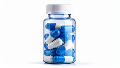 Transparent plastic pill bottle with blue cap, filled with blue and white capsules, set against plain white background