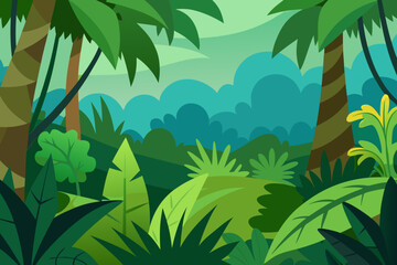 A cartoon jungle background with dense plants and vines vector illustration