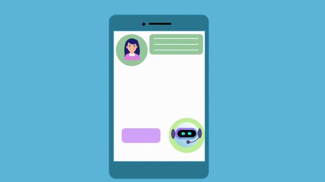 Animated smartphone screen showing a chatbot and user chatting in a messaging app, symbolizing AI support, online help, and virtual assistant interaction.