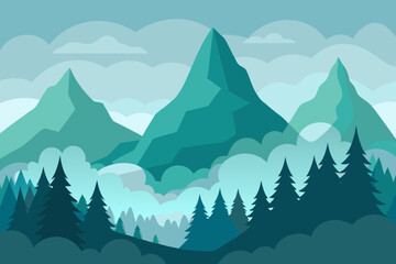 Fototapeta premium A serene cartoon scene of a mountain forest in fog vector illustration