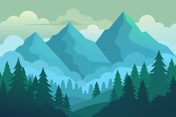 Fototapeta premium A simple cartoon of a mountain forest in fog vector illustration