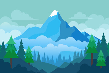A cartoon illustration of a mountain forest in fog vector illustration