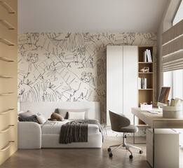 Cozy and stylish kids room with soft textiles, playful wall art and favorite toys. A warm and creative space for children to study, rest and dream