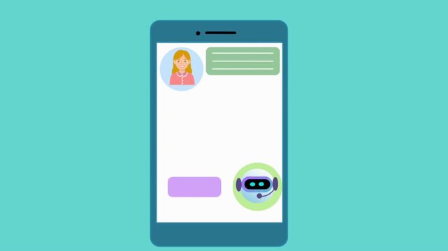 Animated smartphone screen showing a chatbot and user chatting in a messaging app, symbolizing AI support, online help, and virtual assistant interaction.